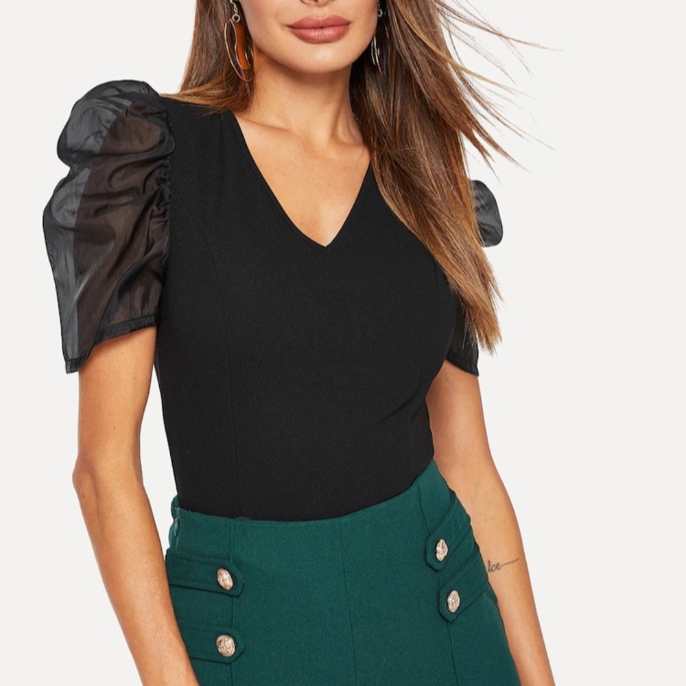 Sheer Mesh Puff Sleeve Bodycon Top - Picture 2 of 5
